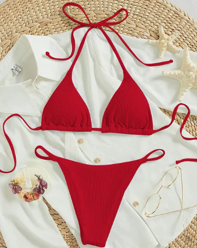 Zoey - blauer bikini mit hohem band und v-ausschnitt