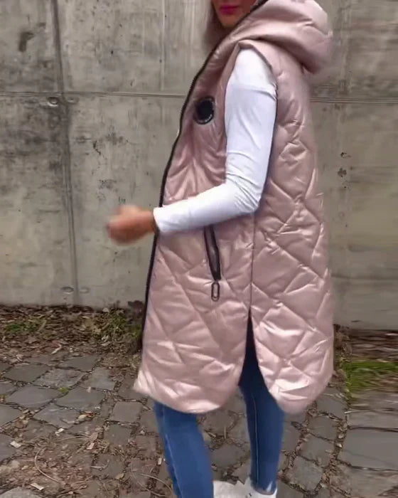Ärmellos - lässige steppjacke mit kapuze und reibverschluss